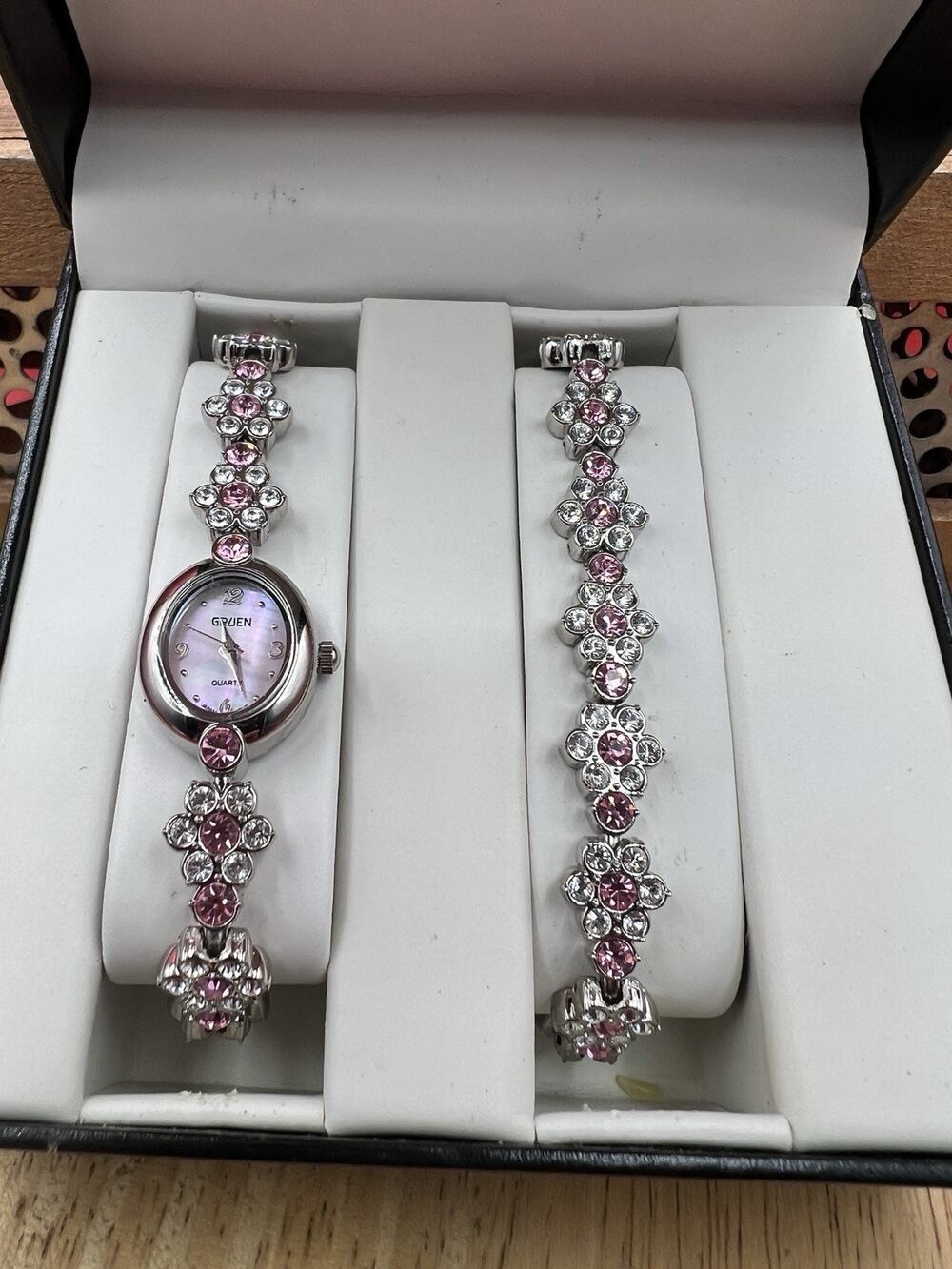 Vintage Gruen Ladies Watch Tennis Bracelet Set Silver Tone White And Pink Stones